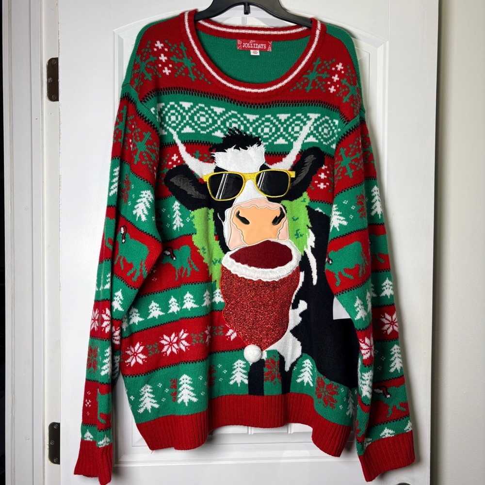 Jollidays Cow Ugly Christmas Sweater Mens 4XB Green Red Fair Isle